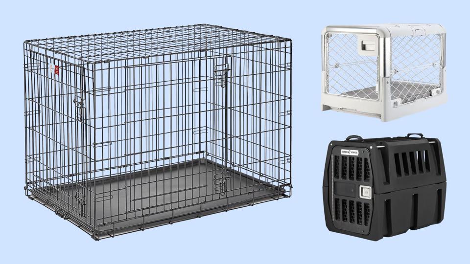 Three different dog crates on a light blue background