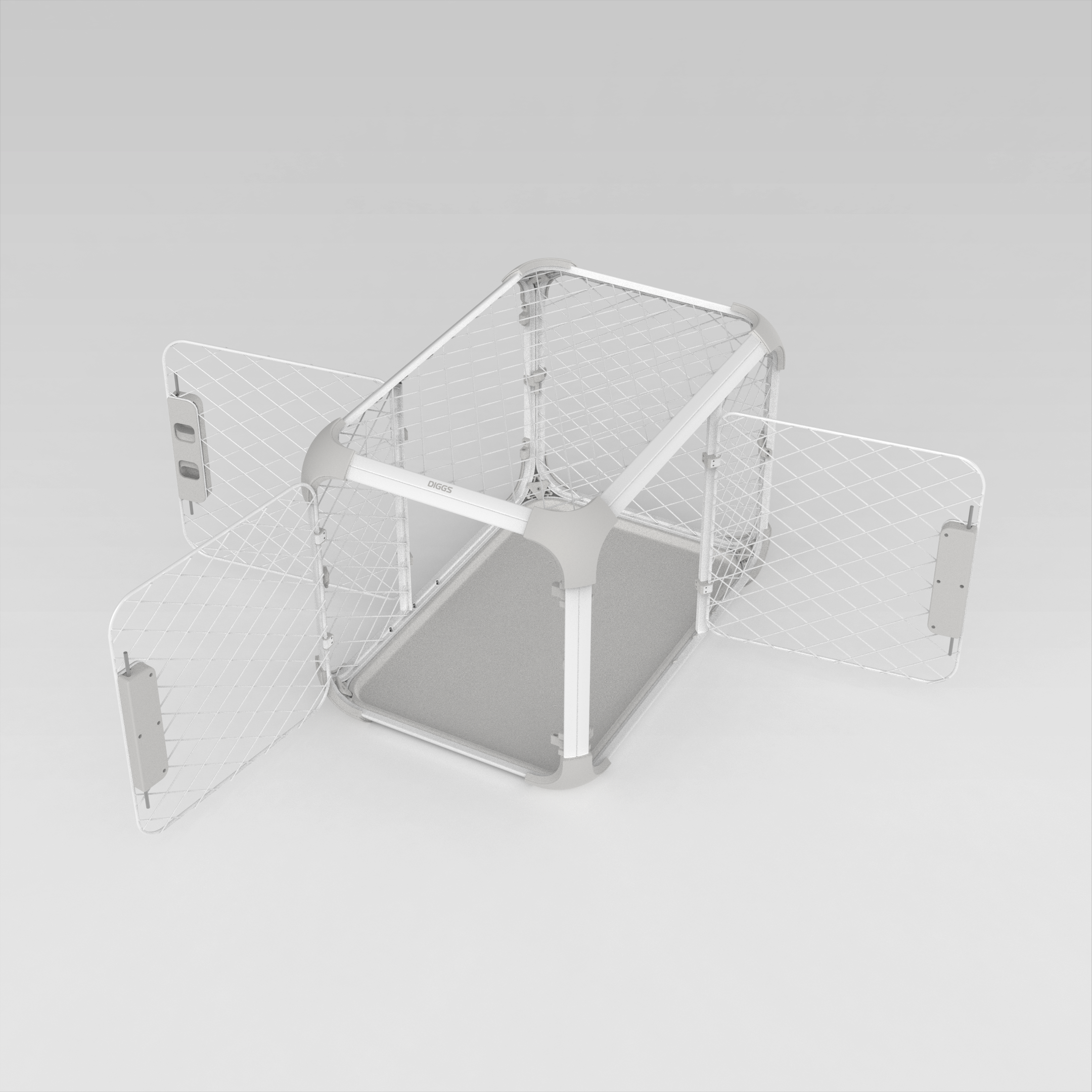 Diagonal view of Evolv Dog Crate with front door and two side doors