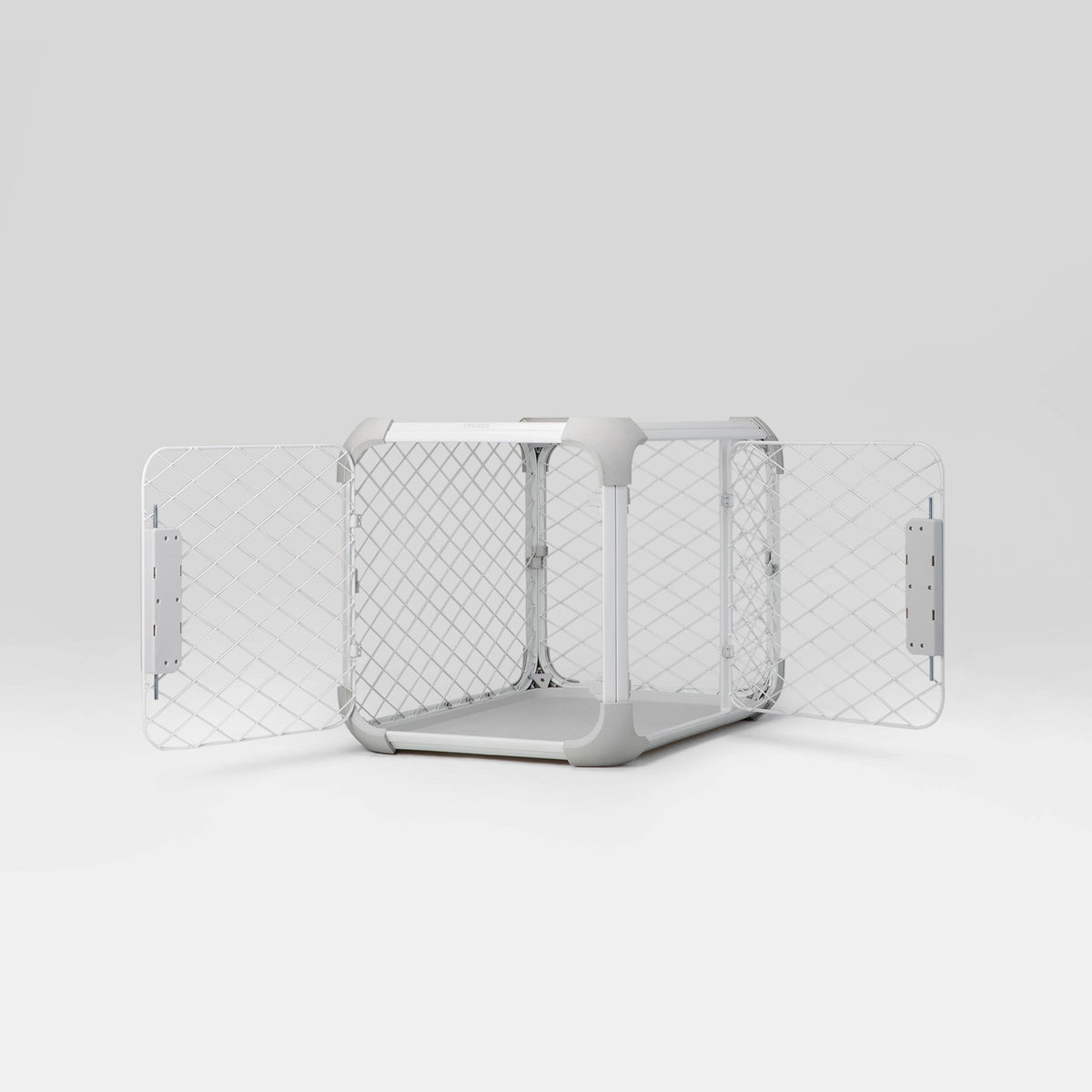 front view of Evolv dog crate with the front and side doors open on white background