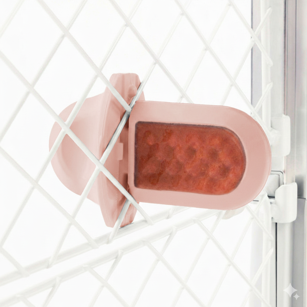 A blush pink Groov Training Aid attached to a white dog crate